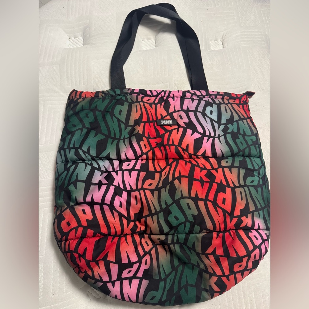 PINK Victoria's Secret Multicolor Logo Puffer Tote with Black Handles